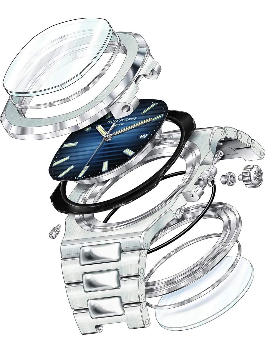 Exploded view of the Nautilus 5711 case construction, from crystal to caseback