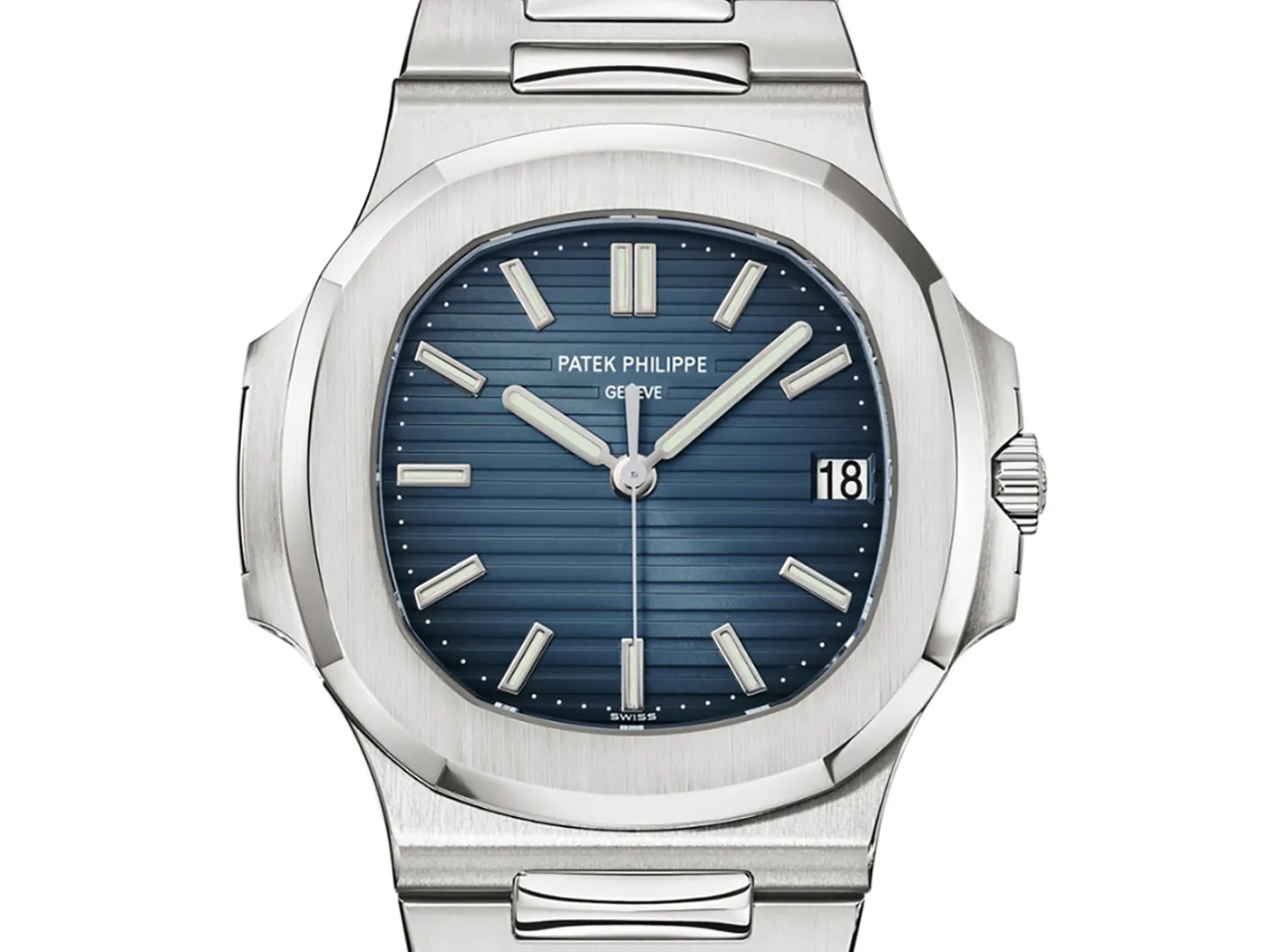 Close-up of the blue embossed horizontal dial of the Patek Philippe Nautilus 5711/1A-010