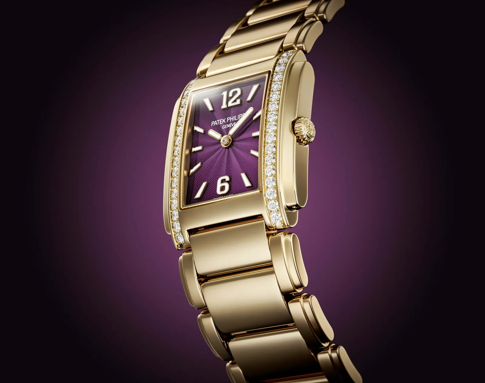 The rose gold Twenty~4 4910/1201R-010 with its purple lacquered dial and two rows of diamonds